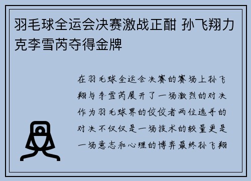 羽毛球全运会决赛激战正酣 孙飞翔力克李雪芮夺得金牌
